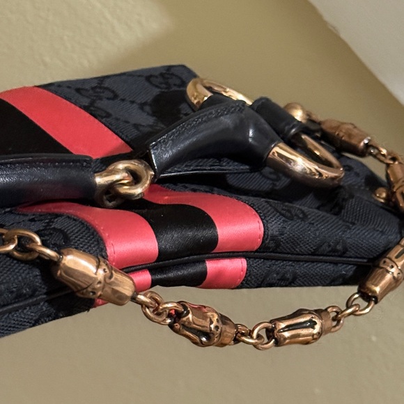 AUTH GUCCI HORSEBIT shoulder bag black pink stripe monogram stud bamboo detail - Picture 14 of 16